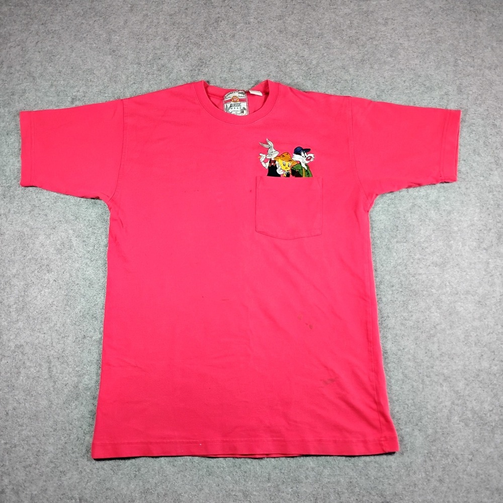 Vintage Looney Tunes Pocket T-Shirt Red Bugs Bunny Tweety Sylvester Mens Small